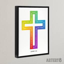 "Artery8 John 3:16 God So Loved The World Colourful Cross Framed Canvas Art in White - Size: W18"" x H24""" - thumbnail 2