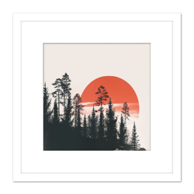 Artery8 Sunset Over Forest Hillside Mist Haze Clouds Square Wooden Framed Wall Art Print Picture 8X8 Inch in White - image 1