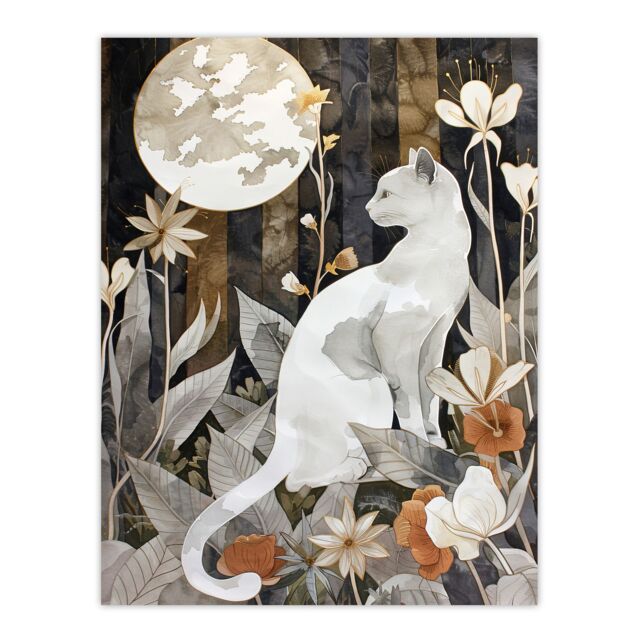 "Artery8 Cat Lover Floral Forest Full Moon Watercolour Wall Art Print in Grey - Size: W12"" x H16""" - image 1