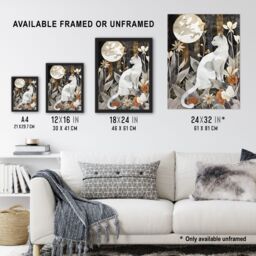 "Artery8 Cat Lover Floral Forest Full Moon Watercolour Wall Art Print in Grey - Size: W12"" x H16""" - thumbnail 3