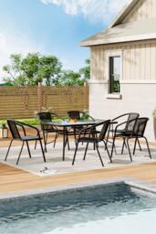 Living and Home Tempered Glass Outdoor Coffee Table and 6 Rattan Chairs Set in Black - thumbnail 1