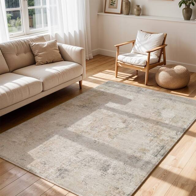 Livabliss Nathan-Abstract Beige Grey Brown Modern Marble Fringe Living Rug - Size: 150 cm x 220 cm - image 1