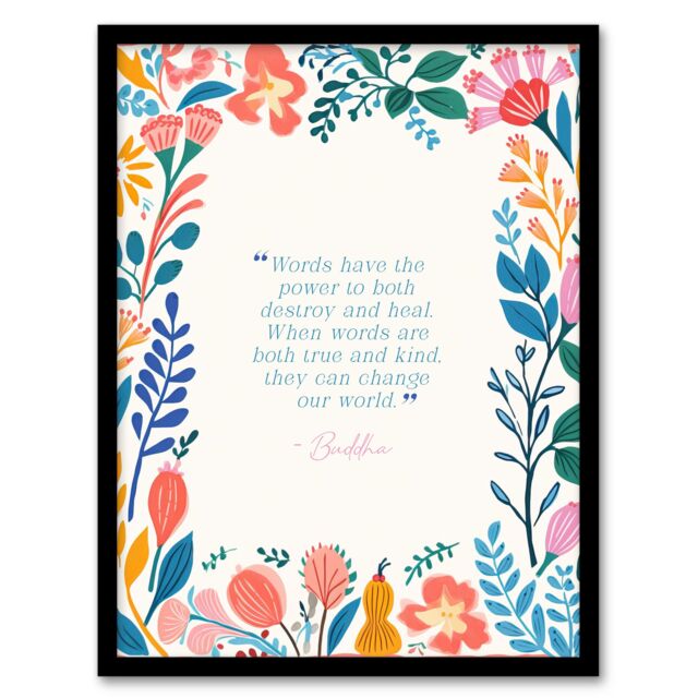 "Artery8 Wall Art Print Words Have Power Buddhist Mindfulness Quote Floral Buddha Framed Art - Size: W12"" x H16""" - image 1