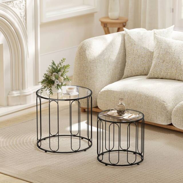 HOMCOM Coffee Table Set of 2, Nest of Tables with Metal Frame, Black - image 1