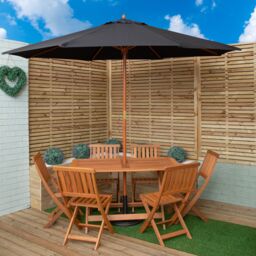 Samuel Alexander 6 Person Folding Wooden Garden Dining Table Chairs Parasol & Base in Black - thumbnail 1