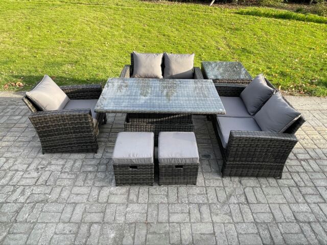 Fimous 7pcs Rattan Outdoor Garden Furniture Set Height Adjustable Rising Lifting Table Sofa Dining Set with Side Table 2 Small Footstools in Dark Grey