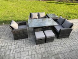 Fimous 7pcs Rattan Outdoor Garden Furniture Set Height Adjustable Rising Lifting Table Sofa Dining Set with Side Table 2 Small Footstools in Dark Grey - thumbnail 2