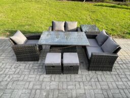 Fimous 7pcs Rattan Outdoor Garden Furniture Set Height Adjustable Rising Lifting Table Sofa Dining Set with Side Table 2 Small Footstools in Dark Grey - thumbnail 1