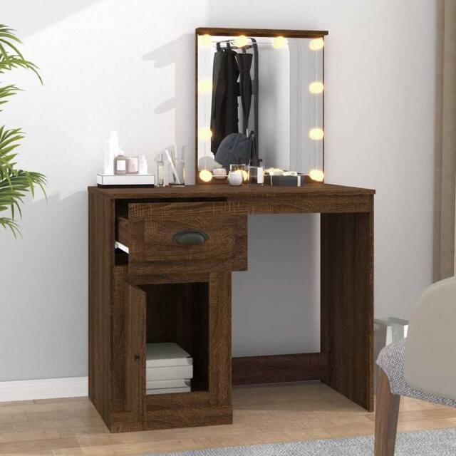 Berkfield Home White Dressing Table with LED Brown Oak 90x50x132.5 cm Engineered Wood - image 1
