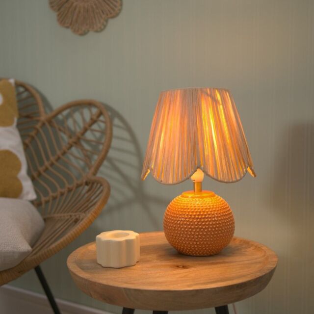 ValueLights Sebby Ceramic Globe Textured Table Lamp with Raffia Lamp Shade in Orange - image 1