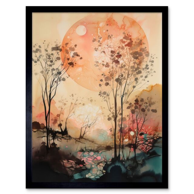 "Artery8 Wall Art Print Misty Riverside Trees Sunset Landscape Modern Boho Watercolour Painting Art Framed in Black - Size: W12"" x H16""" - image 1