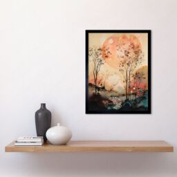 "Artery8 Wall Art Print Misty Riverside Trees Sunset Landscape Modern Boho Watercolour Painting Art Framed in Black - Size: W12"" x H16""" - thumbnail 2