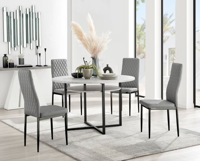 FurnitureboxUK Adley Grey Concrete Effect & Black Round Dining Table with Shelf & 4 Faux Leather Milan Dining Chairs - image 1