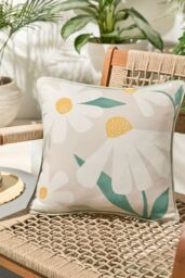 Fusion 'Daisy' Soft Touch Daisy Print Velvet Filled Cushion in Natural - Size: 43 cm x 43 cm
