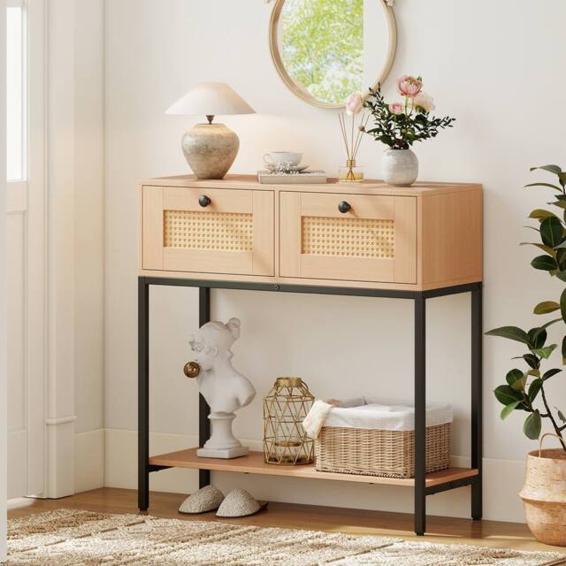 Costway 80CM Boho Console Table Modern Wooden Entryway Table w/2 Drawers in Natural - image 1