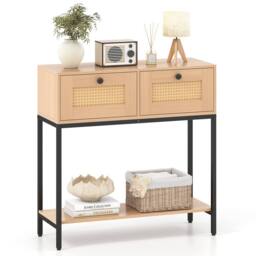 Costway 80CM Boho Console Table Modern Wooden Entryway Table w/2 Drawers in Natural - thumbnail 3