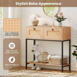 Costway 80CM Boho Console Table Modern Wooden Entryway Table w/2 Drawers in Natural - thumbnail 7