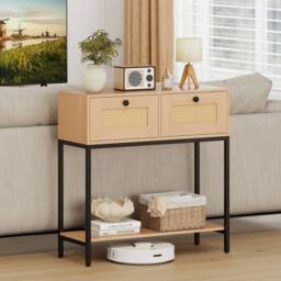 Costway 80CM Boho Console Table Modern Wooden Entryway Table w/2 Drawers in Natural - thumbnail 4