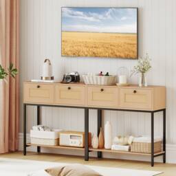 Costway 80CM Boho Console Table Modern Wooden Entryway Table w/2 Drawers in Natural - thumbnail 5