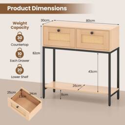 Costway 80CM Boho Console Table Modern Wooden Entryway Table w/2 Drawers in Natural - thumbnail 2