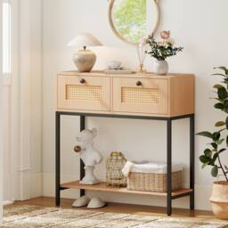Costway 80CM Boho Console Table Modern Wooden Entryway Table w/2 Drawers in Natural