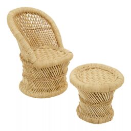 Orsina Comfortable Natural & Grey Chair & Stool, Handwoven Rattan Design Armchair, Bamboo Chair in Beige - thumbnail 2