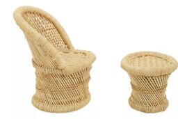Orsina Comfortable Natural & Grey Chair & Stool, Handwoven Rattan Design Armchair, Bamboo Chair in Beige - thumbnail 3