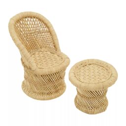 Orsina Comfortable Natural & Grey Chair & Stool, Handwoven Rattan Design Armchair, Bamboo Chair in Beige - thumbnail 6