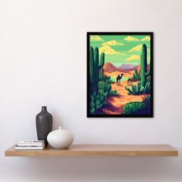 "Artery8 Camels in Desert Cacti Oasis Pixel Art Landscape Framed Art Print in Green - Size: W12"" x H16""" - thumbnail 4