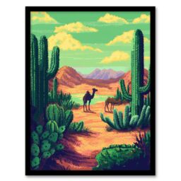 "Artery8 Camels in Desert Cacti Oasis Pixel Art Landscape Framed Art Print in Green - Size: W12"" x H16""" - thumbnail 1