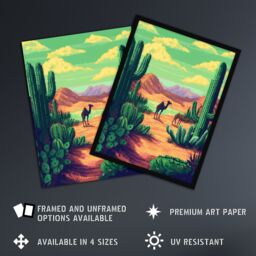 "Artery8 Camels in Desert Cacti Oasis Pixel Art Landscape Framed Art Print in Green - Size: W12"" x H16""" - thumbnail 2