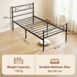 HOMCOM 3ft Single Bed Frame with Steel Slat Support, Noise-Free, Black - thumbnail 3