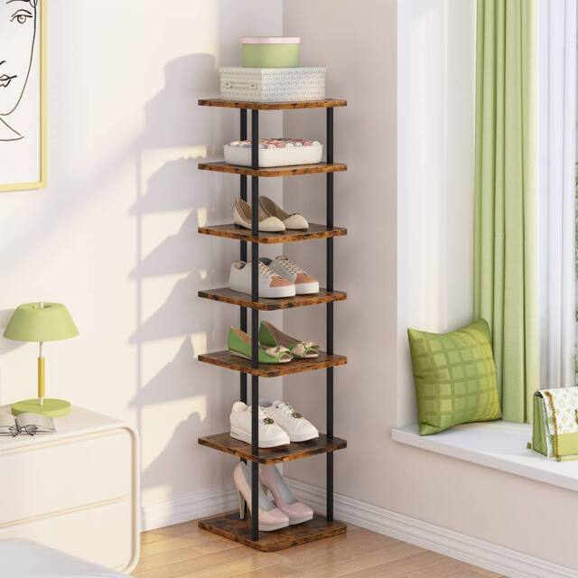 Huhote 7-Tier Narrow Shoe Rack with Metal Frame Shoe Stand Small Spaces in Brown - image 1