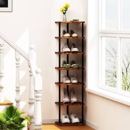 Huhote 7-Tier Narrow Shoe Rack with Metal Frame Shoe Stand Small Spaces in Brown - thumbnail 3