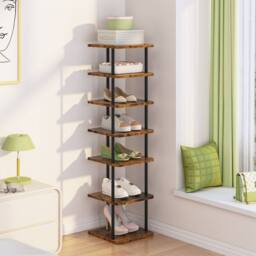 Huhote 7-Tier Narrow Shoe Rack with Metal Frame Shoe Stand Small Spaces in Brown - thumbnail 1