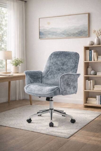 Living and Home Chenille Upholstered Swivel Office Chair with Armrests Vanity Chair in Blue - image 1