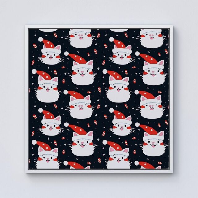 Warren Reed - Designer Cute Cats Wearing Santa Claus Hats Framed Canvas in Off-White - Size: w10 inch x h10 inch - image 1