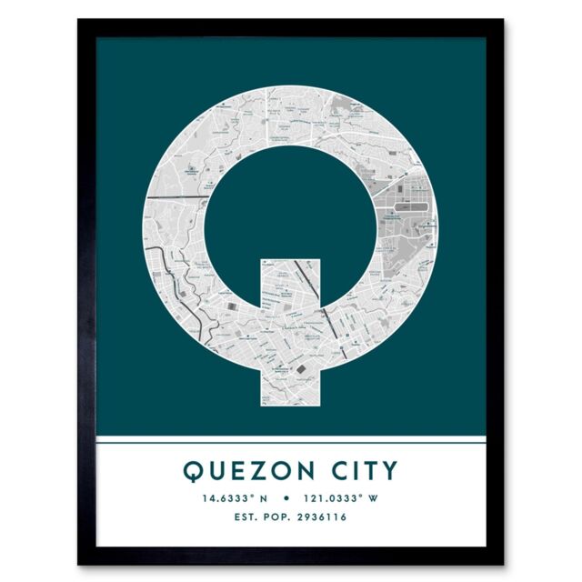 "Wee Blue Coo Wall Art Print Quezon City Philippines City Map Modern Typography Stylish Letter Framed Word in Teal - Size: W12"" x H16""" - image 1