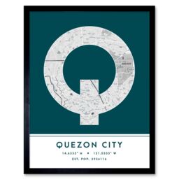 "Wee Blue Coo Wall Art Print Quezon City Philippines City Map Modern Typography Stylish Letter Framed Word in Teal - Size: W12"" x H16""" - thumbnail 1