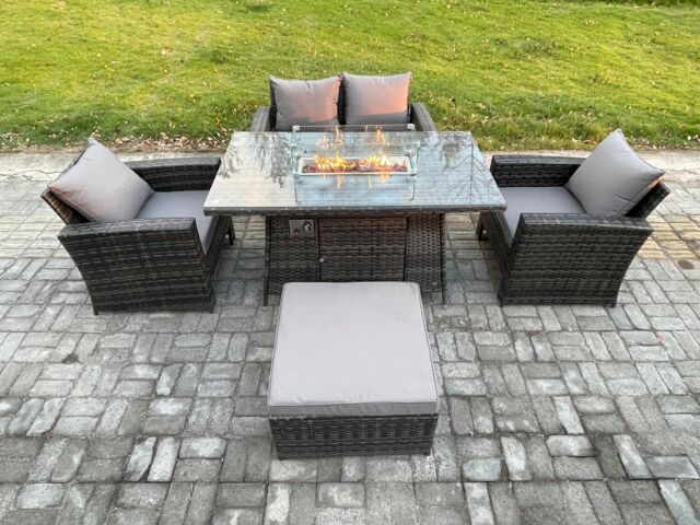 Fimous 5 Seater Outdoor Rattan Sofa Set Garden Furniture Gas Firepit Dining Table Heater with Big Footstool in Dark Grey