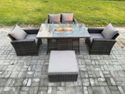 Fimous 5 Seater Outdoor Rattan Sofa Set Garden Furniture Gas Firepit Dining Table Heater with Big Footstool in Dark Grey - thumbnail 1
