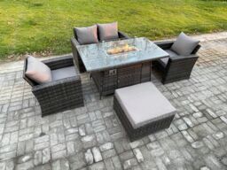 Fimous 5 Seater Outdoor Rattan Sofa Set Garden Furniture Gas Firepit Dining Table Heater with Big Footstool in Dark Grey - thumbnail 2