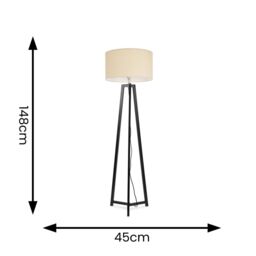 ValueLights Lottie Black Wood Tripod Floor Lamp with Fabric Drum Shade & LED Bulb in Natural - thumbnail 4