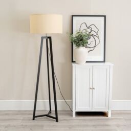 ValueLights Lottie Black Wood Tripod Floor Lamp with Fabric Drum Shade & LED Bulb in Natural - thumbnail 3