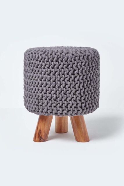 Homescapes Tall Cotton Knitted Footstool on Legs in Grey - image 1