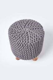 Homescapes Tall Cotton Knitted Footstool on Legs in Grey - thumbnail 3