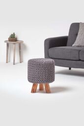 Homescapes Tall Cotton Knitted Footstool on Legs in Grey - thumbnail 2
