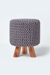 Homescapes Tall Cotton Knitted Footstool on Legs in Grey