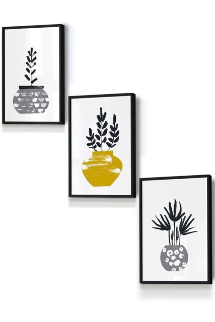 ARTZE Scandi Yellow Grey Cactus Pots Framed Wall Art - Small in Black - Size: W33 cm x H45 cm x D20mm - image 1