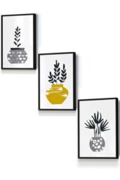ARTZE Scandi Yellow Grey Cactus Pots Framed Wall Art - Small in Black - Size: W33 cm x H45 cm x D20mm - thumbnail 1